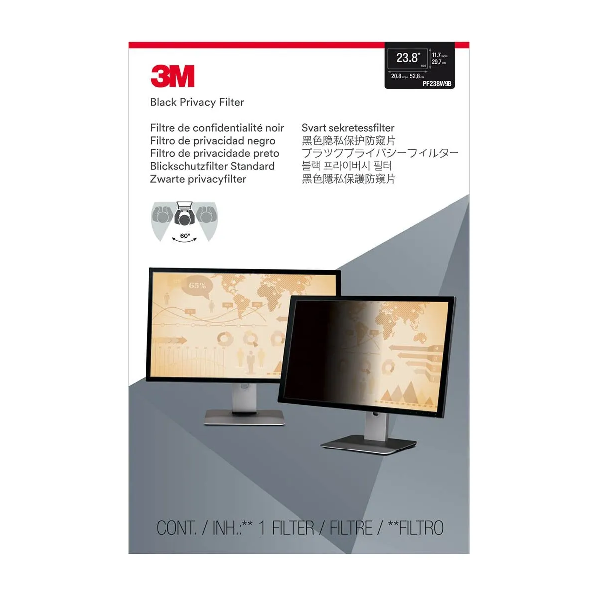 3M PF238W9B Privacy Filter (296.9 mm X 527.5 mm) 0833