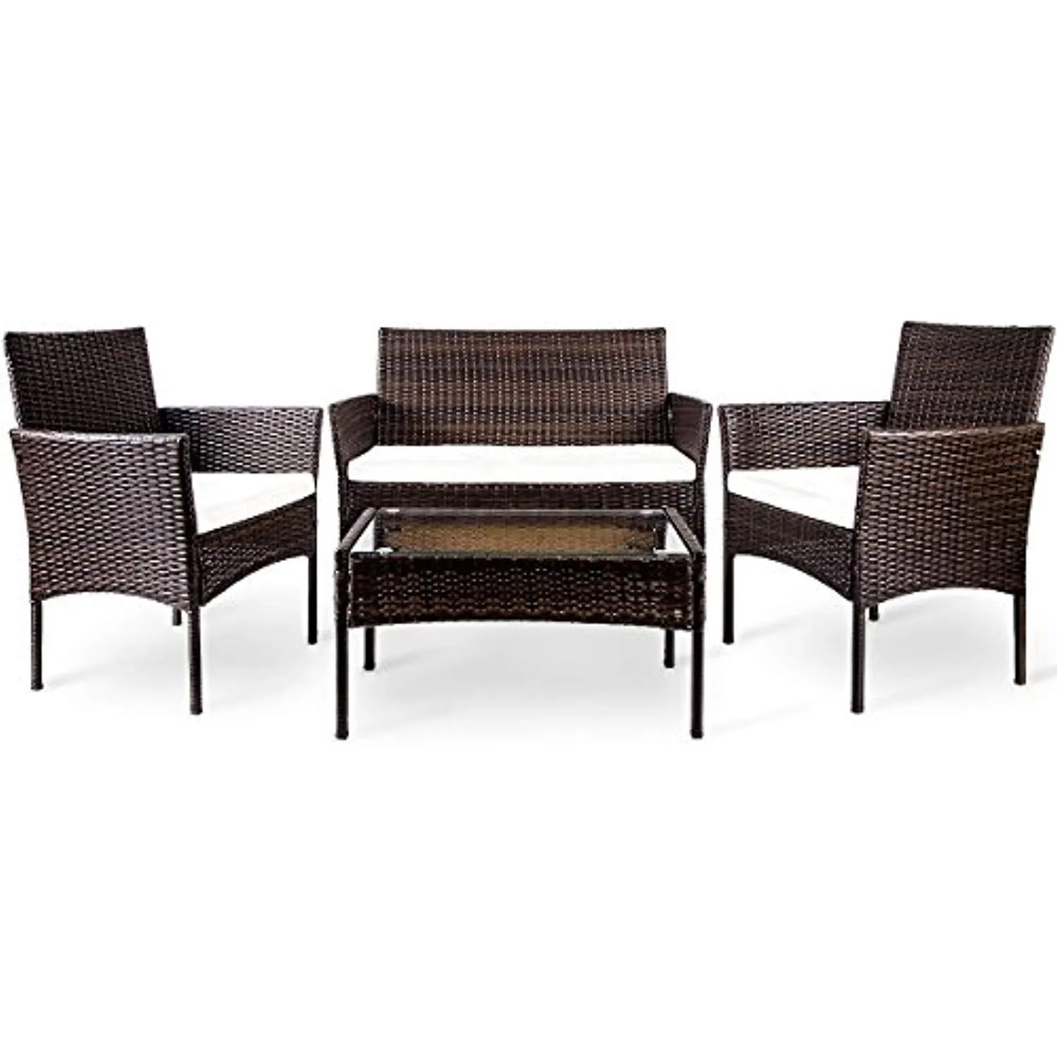 4 PC Outdoor Garden Rattan Patio Furniture Set Cushioned Seat Wicker Sofa (Brown)