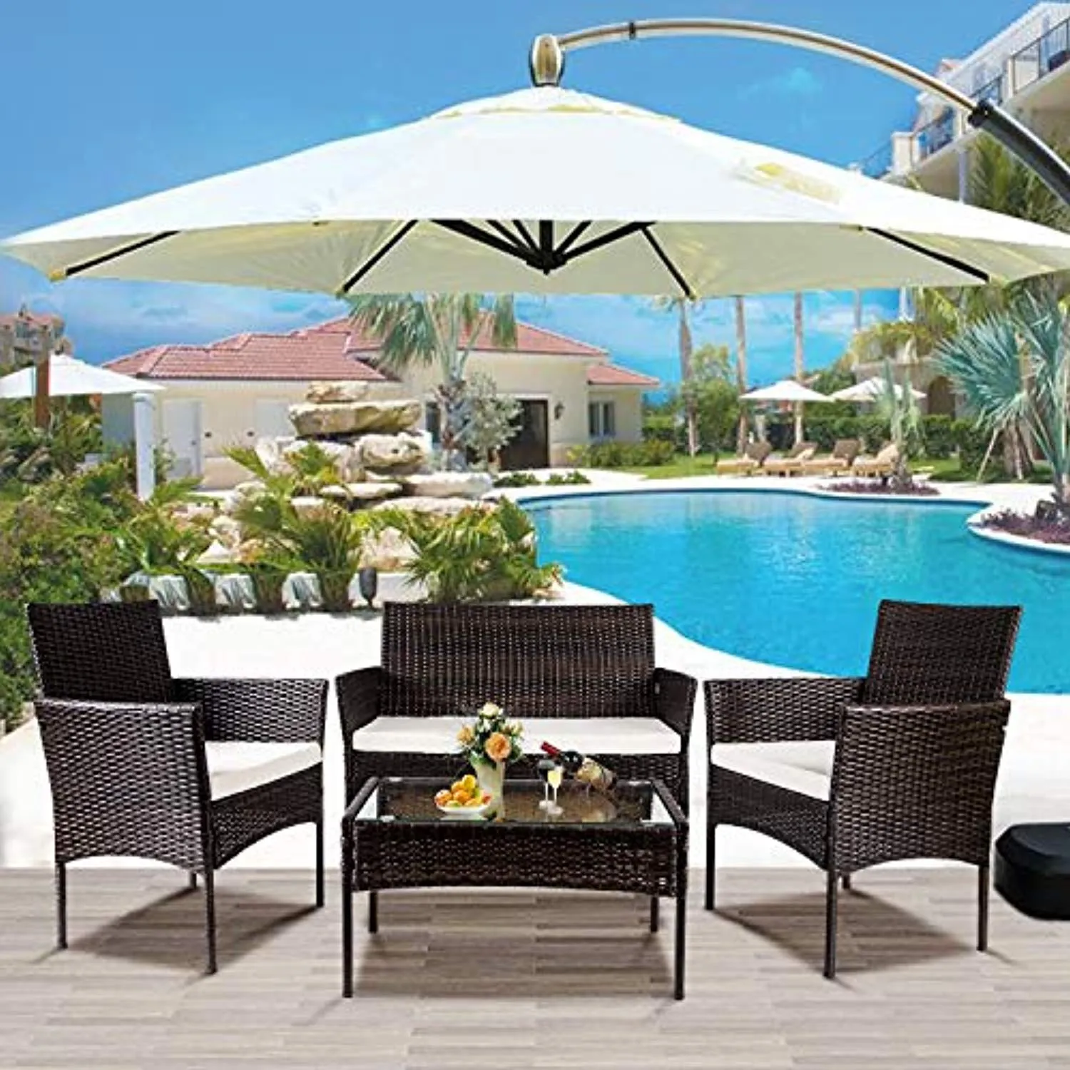 4 PC Outdoor Garden Rattan Patio Furniture Set Cushioned Seat Wicker Sofa (Brown)