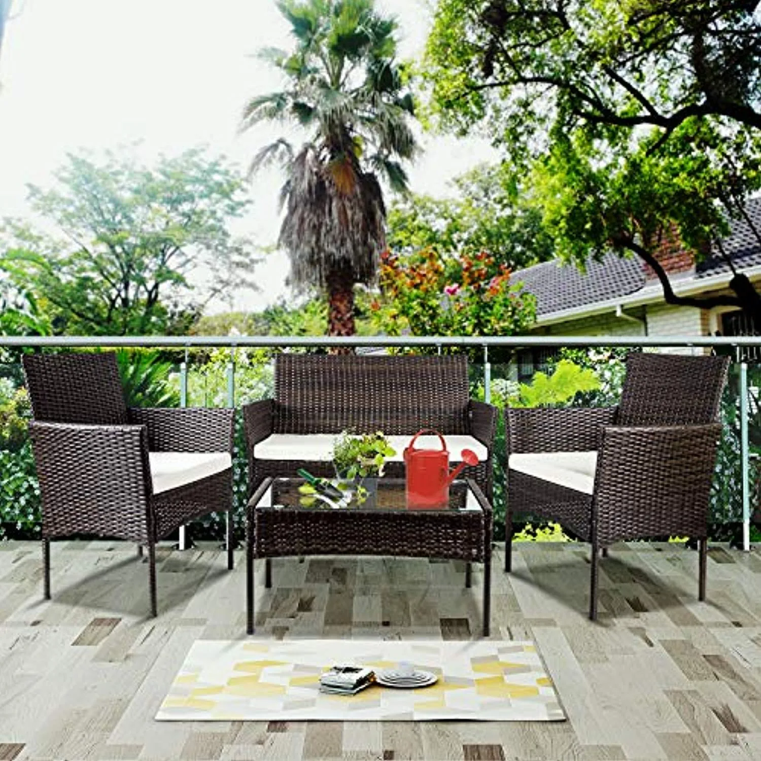 4 PC Outdoor Garden Rattan Patio Furniture Set Cushioned Seat Wicker Sofa (Brown)