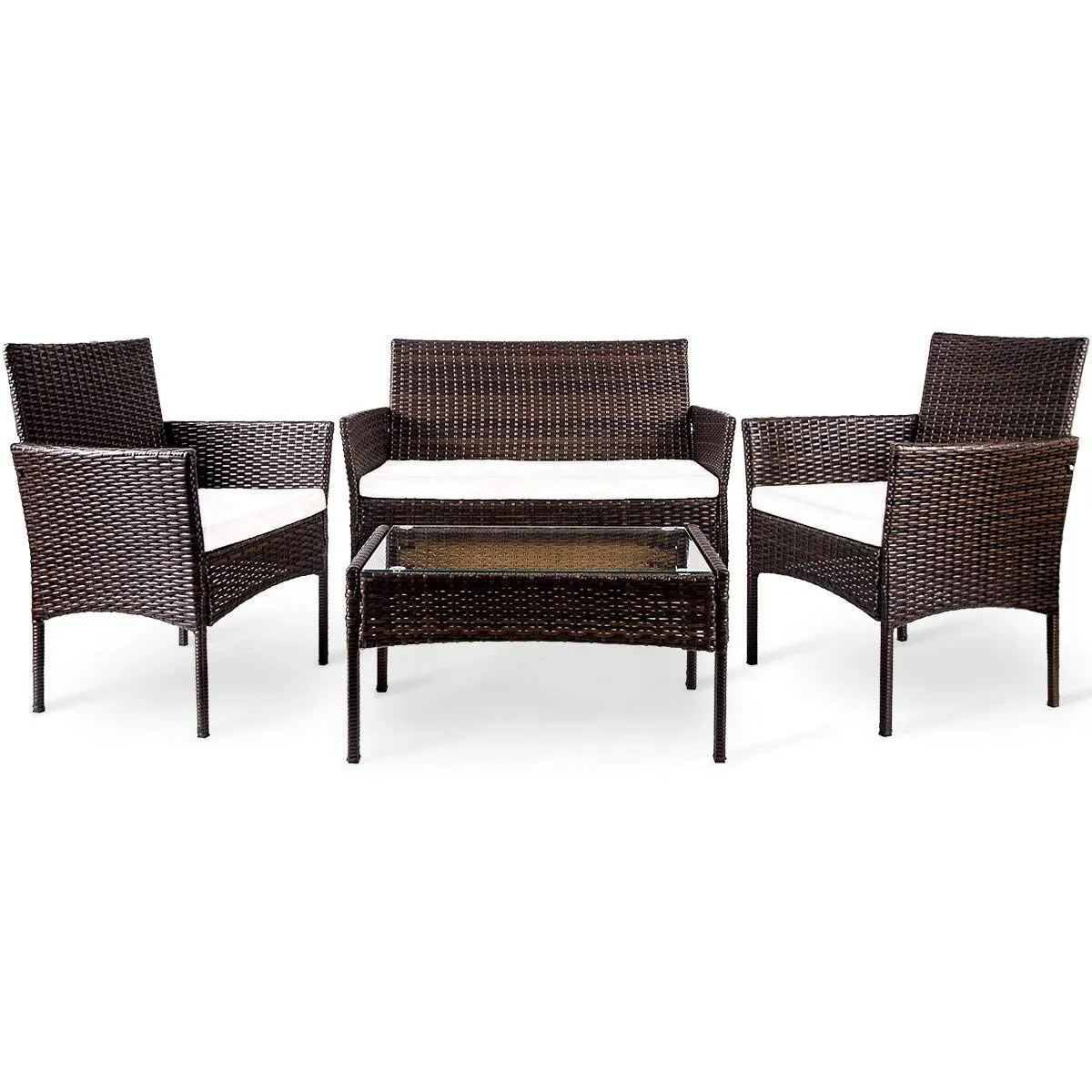 4 PC Outdoor Garden Rattan Patio Furniture Set Cushioned Seat Wicker Sofa (Brown)
