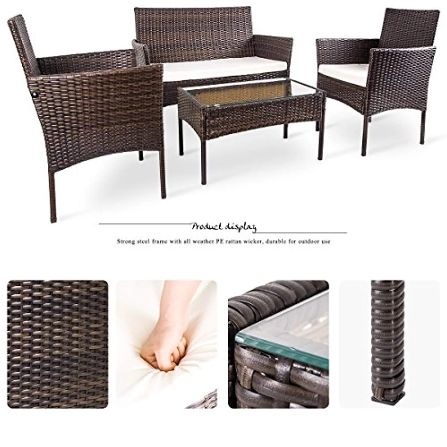 4 PC Outdoor Garden Rattan Patio Furniture Set Cushioned Seat Wicker Sofa (Brown)