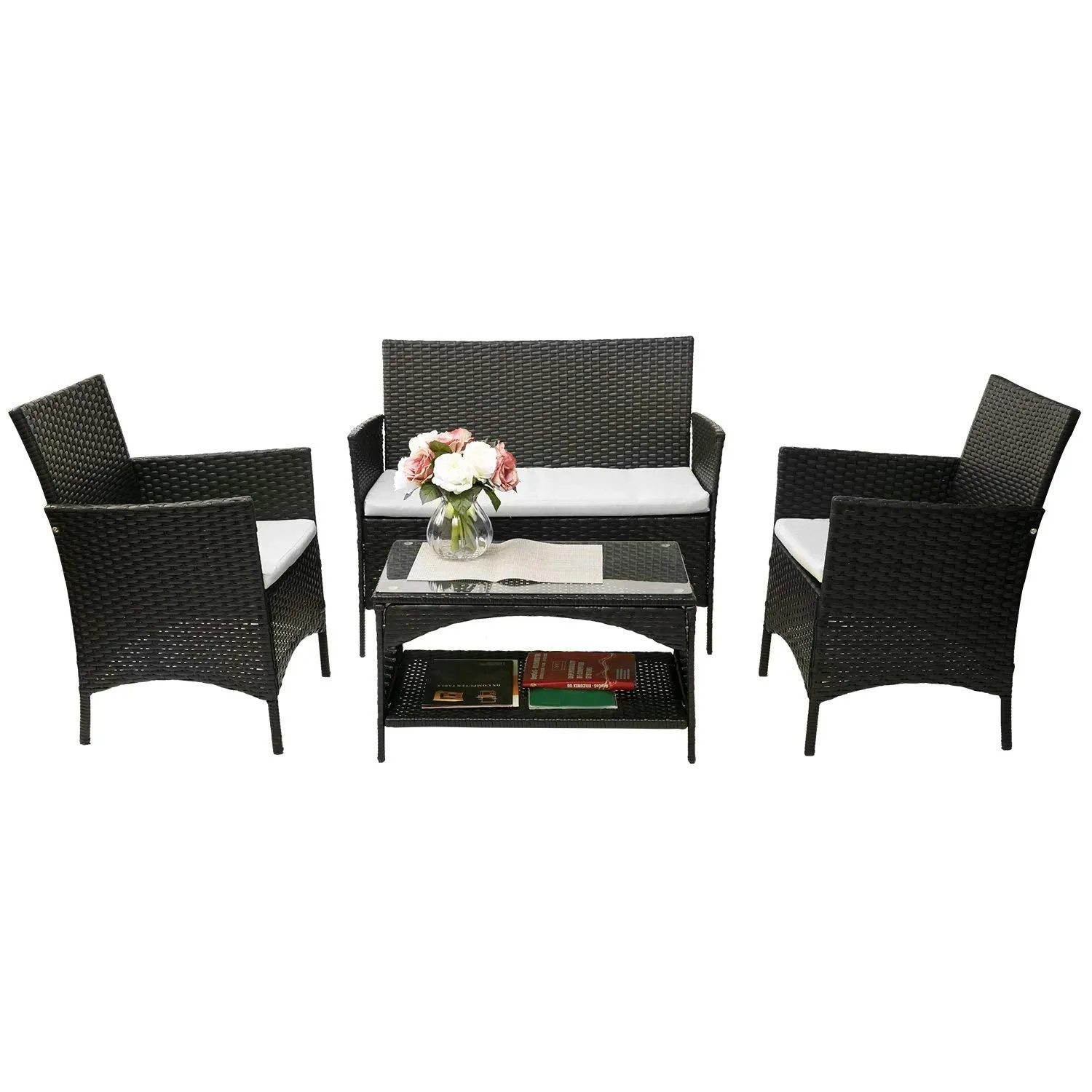 4 PC Outdoor Garden Rattan Patio Furniture Set Cushioned Seat Wicker Sofa (Brown)