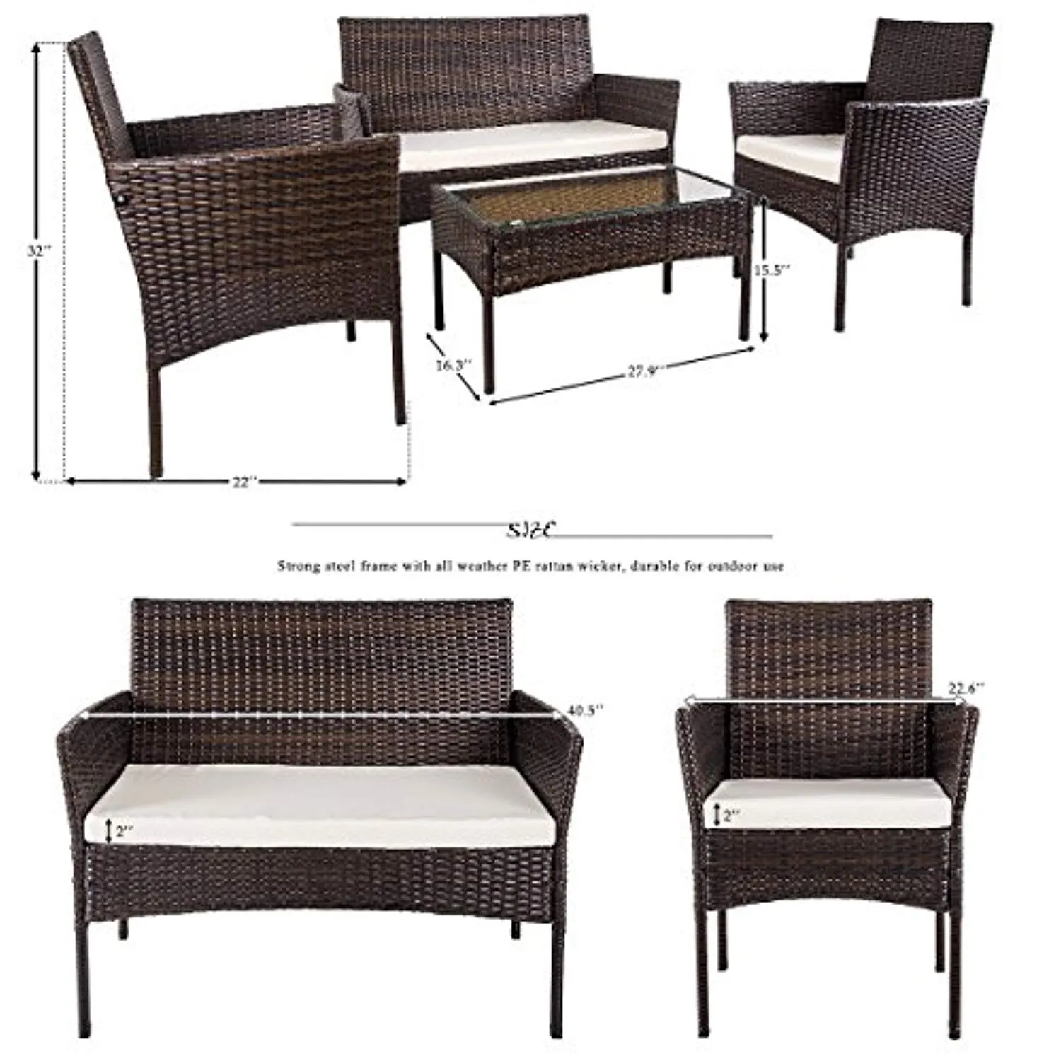 4 PC Outdoor Garden Rattan Patio Furniture Set Cushioned Seat Wicker Sofa (Brown)