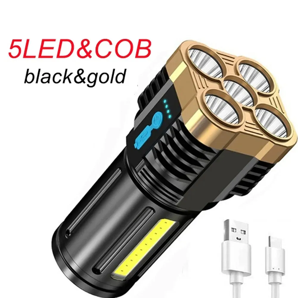 5 LEDs Flashlight Waterproof ABS Spotlight USB Rechargeable Portable Outdoor COB Flood Light 4 Lighting Modes for Outdoor Use