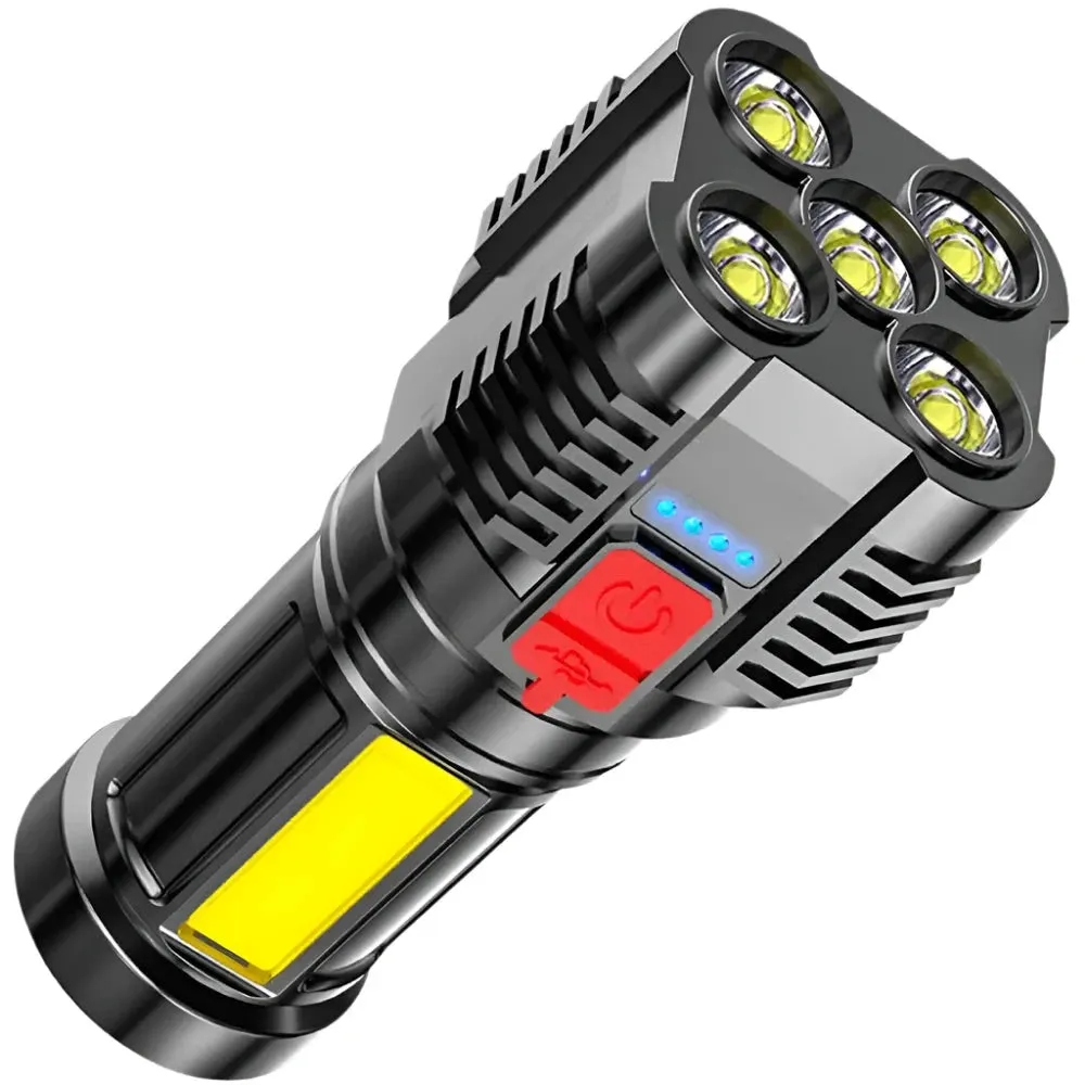 5 LEDs Flashlight Waterproof ABS Spotlight USB Rechargeable Portable Outdoor COB Flood Light 4 Lighting Modes for Outdoor Use
