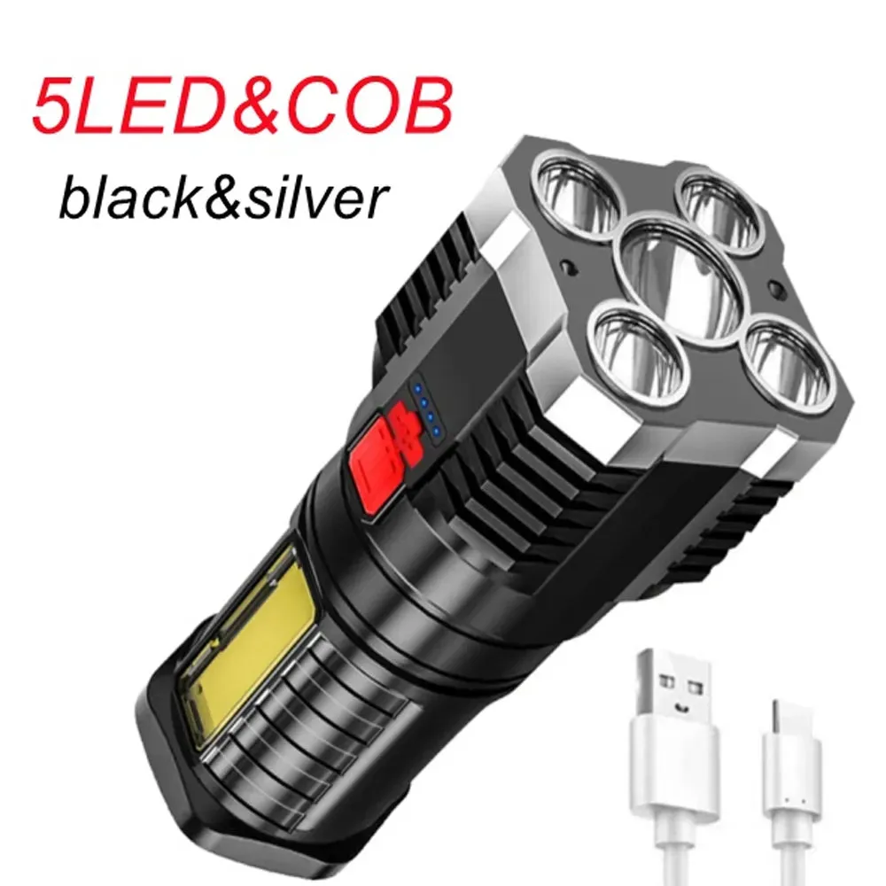 5 LEDs Flashlight Waterproof ABS Spotlight USB Rechargeable Portable Outdoor COB Flood Light 4 Lighting Modes for Outdoor Use