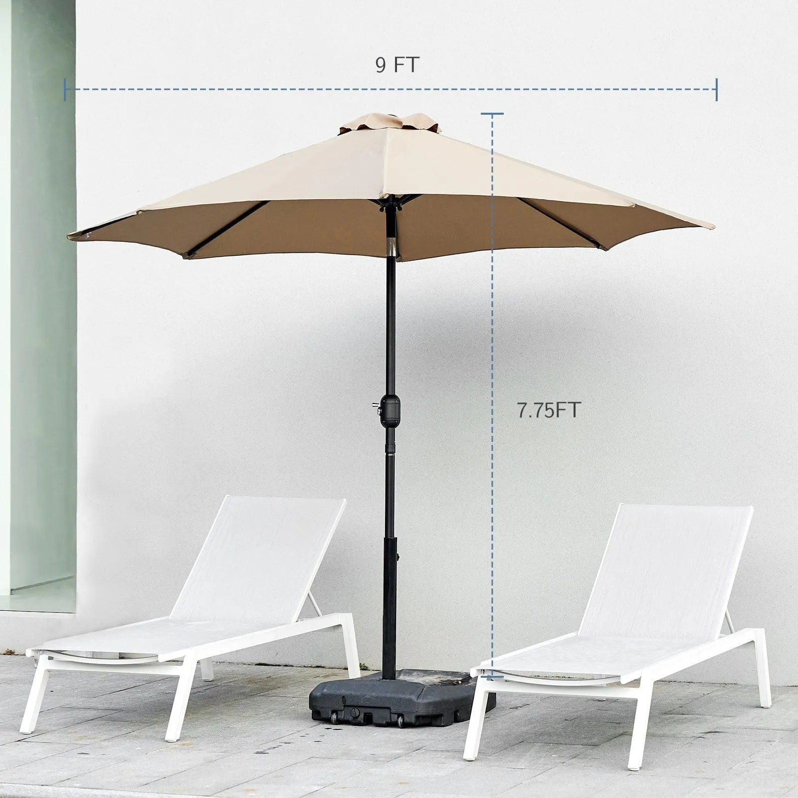 9ft Khaki Patio Umbrella with Button Tilt & Crank, UV Protected, Waterproof