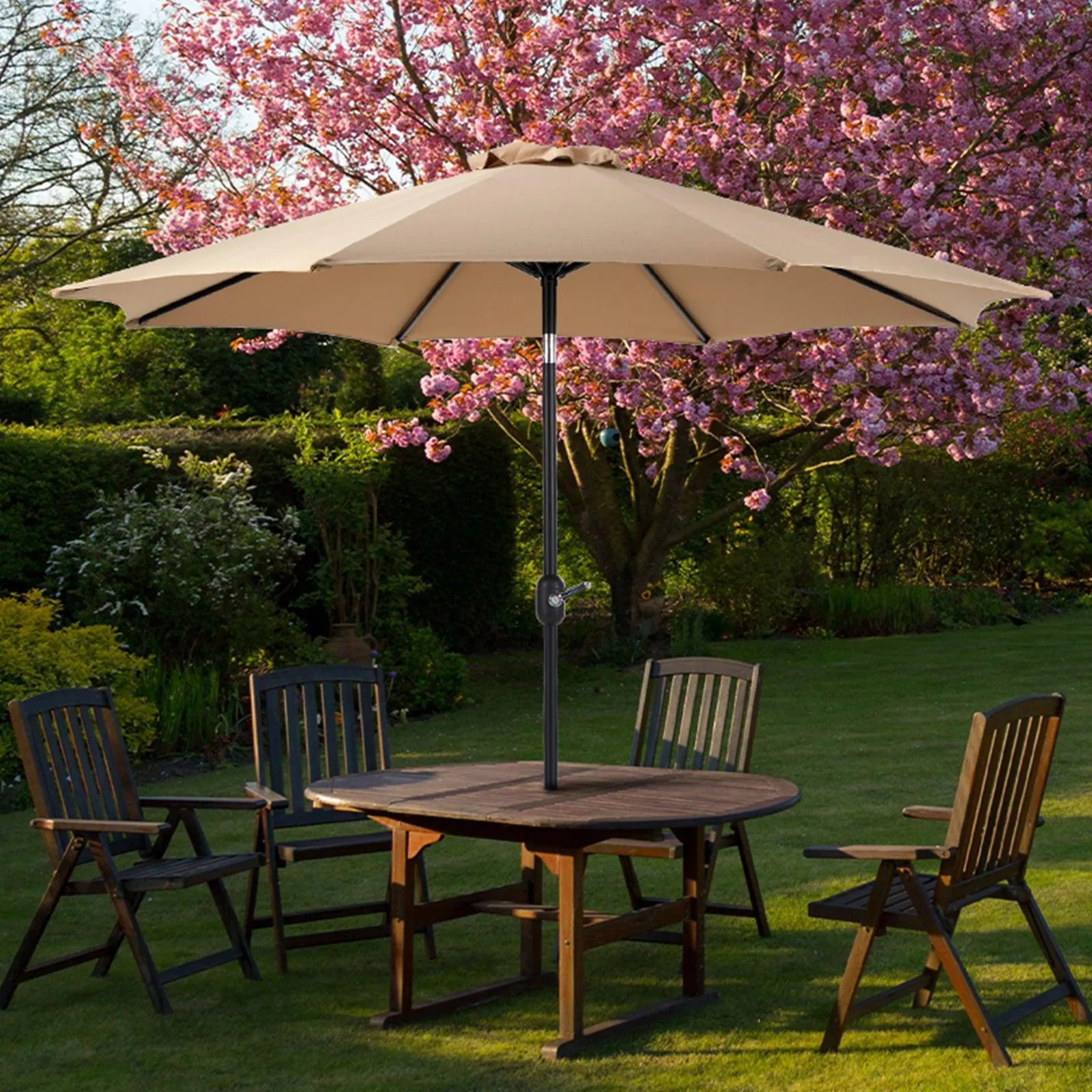 9ft Khaki Patio Umbrella with Button Tilt & Crank, UV Protected, Waterproof