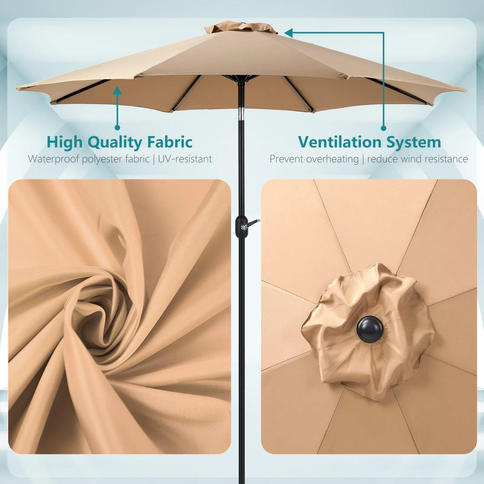 9ft Khaki Patio Umbrella with Button Tilt & Crank, UV Protected, Waterproof