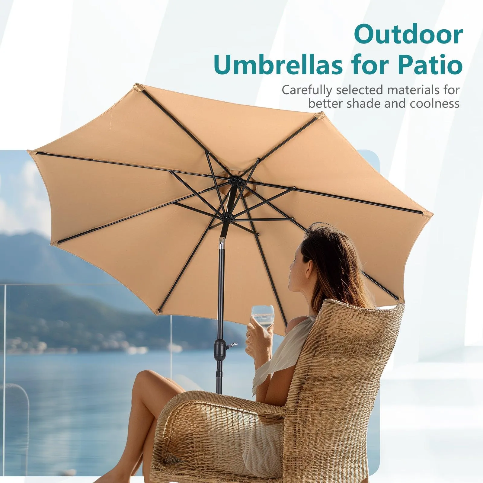 9ft Khaki Patio Umbrella with Button Tilt & Crank, UV Protected, Waterproof