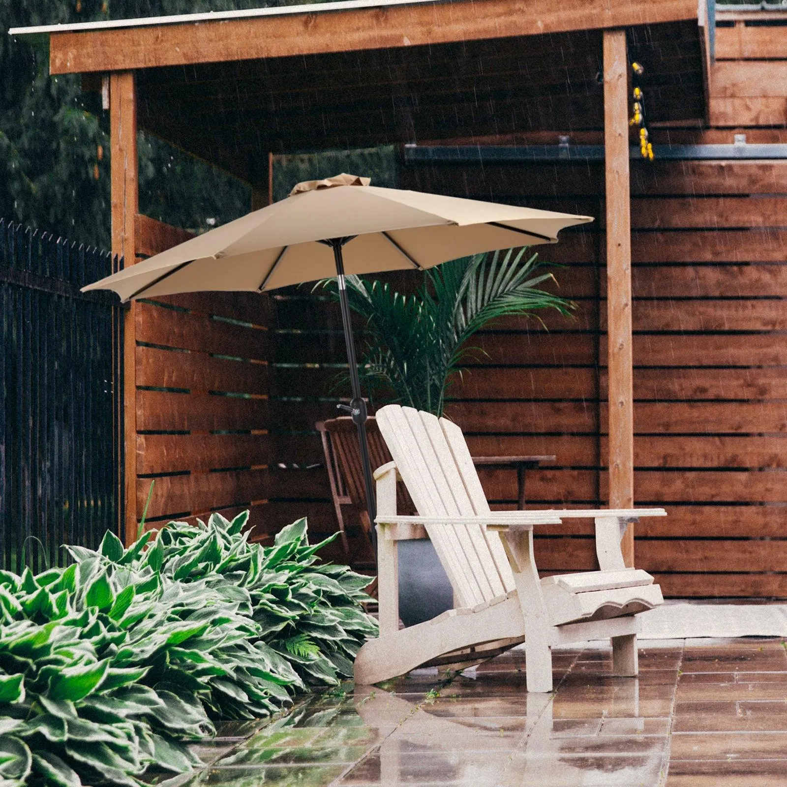 9ft Khaki Patio Umbrella with Button Tilt & Crank, UV Protected, Waterproof