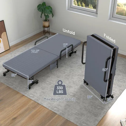 Adjustable Folding Guest Bed Frame with Mattress and Wheels-Gray