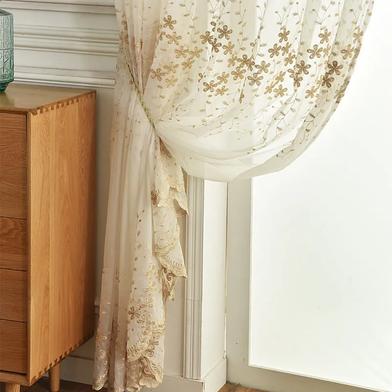 Ariadne Ivory Grommet Sheer Custom Embroidered Curtain