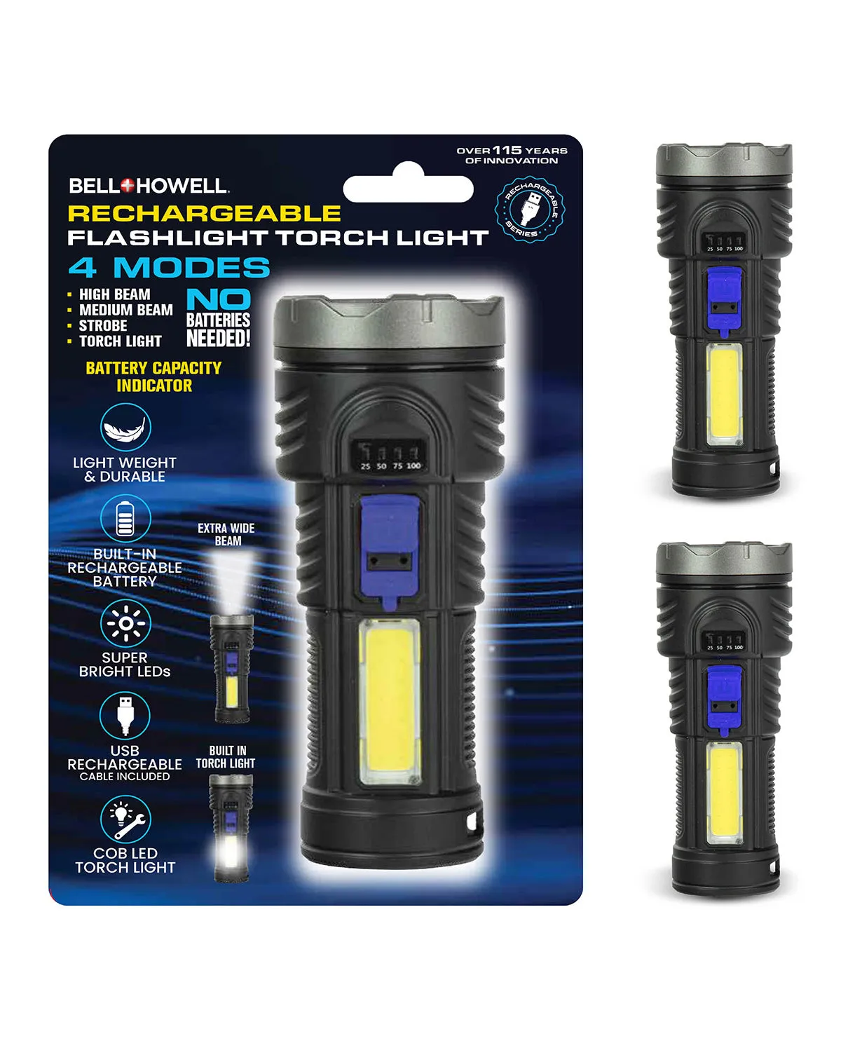 Bell Howell Rechargeable Torchlight with Battery Indicator - Two Pack