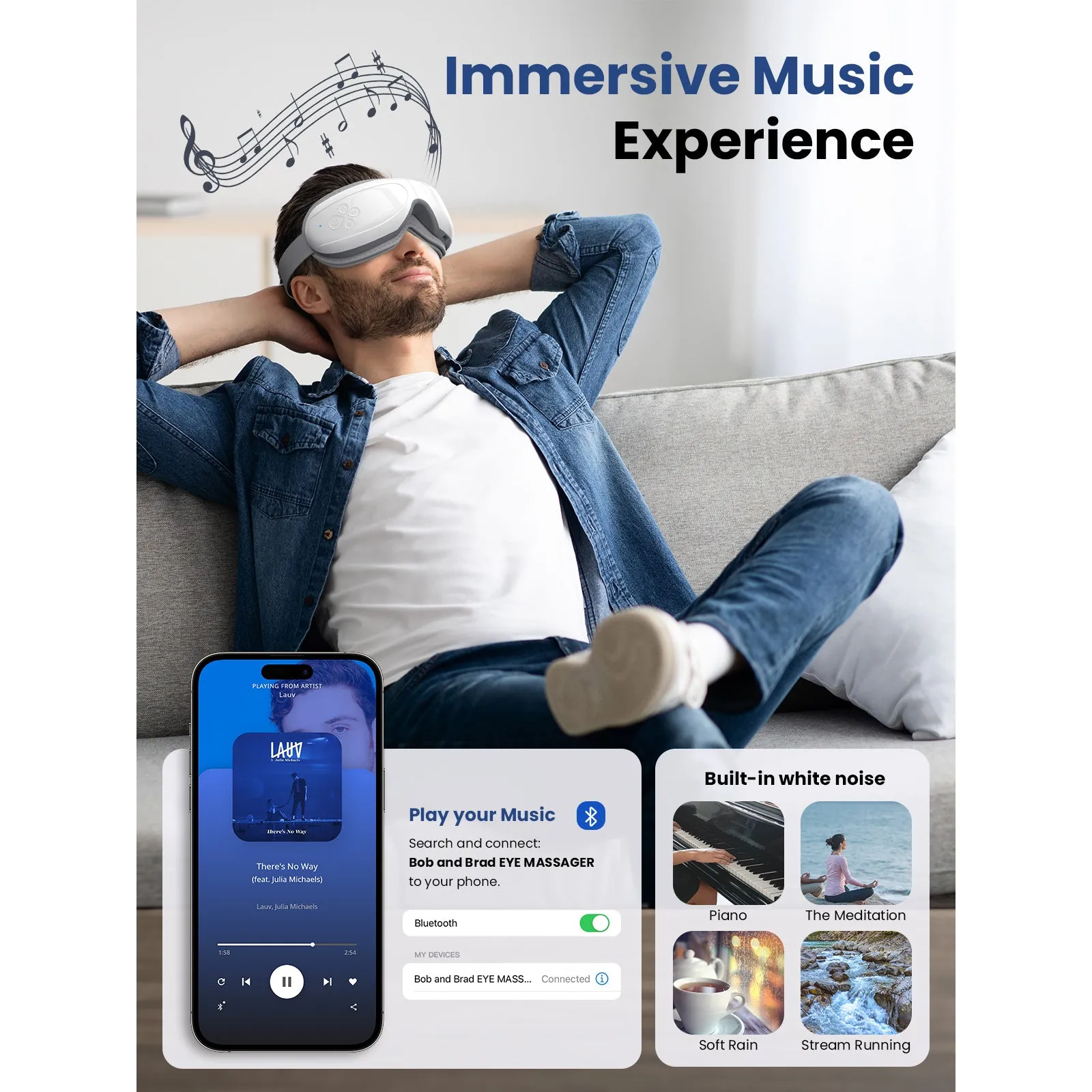 BOB AND BRAD Eye Massager with Heated Compression & Bluetooth Music for Eyes Relax Rejuvenate(White)