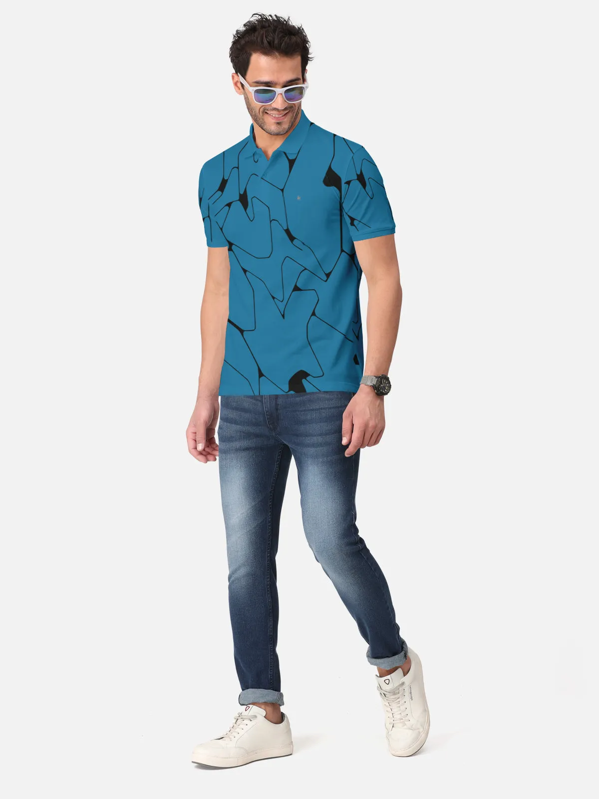 BULLMER Turquoise Trendy Printed Half Sleeve Polo T-shirt for Mens