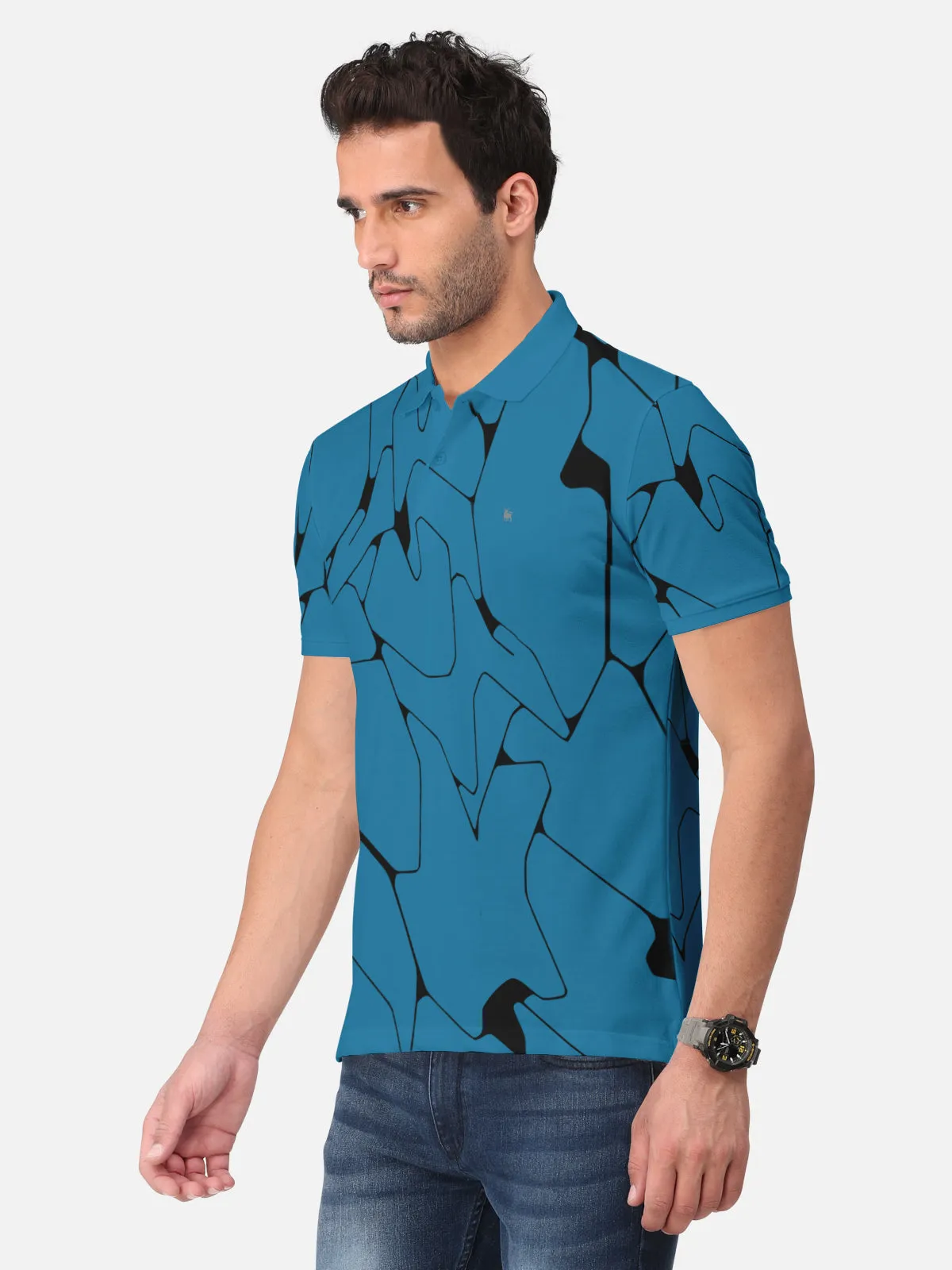 BULLMER Turquoise Trendy Printed Half Sleeve Polo T-shirt for Mens