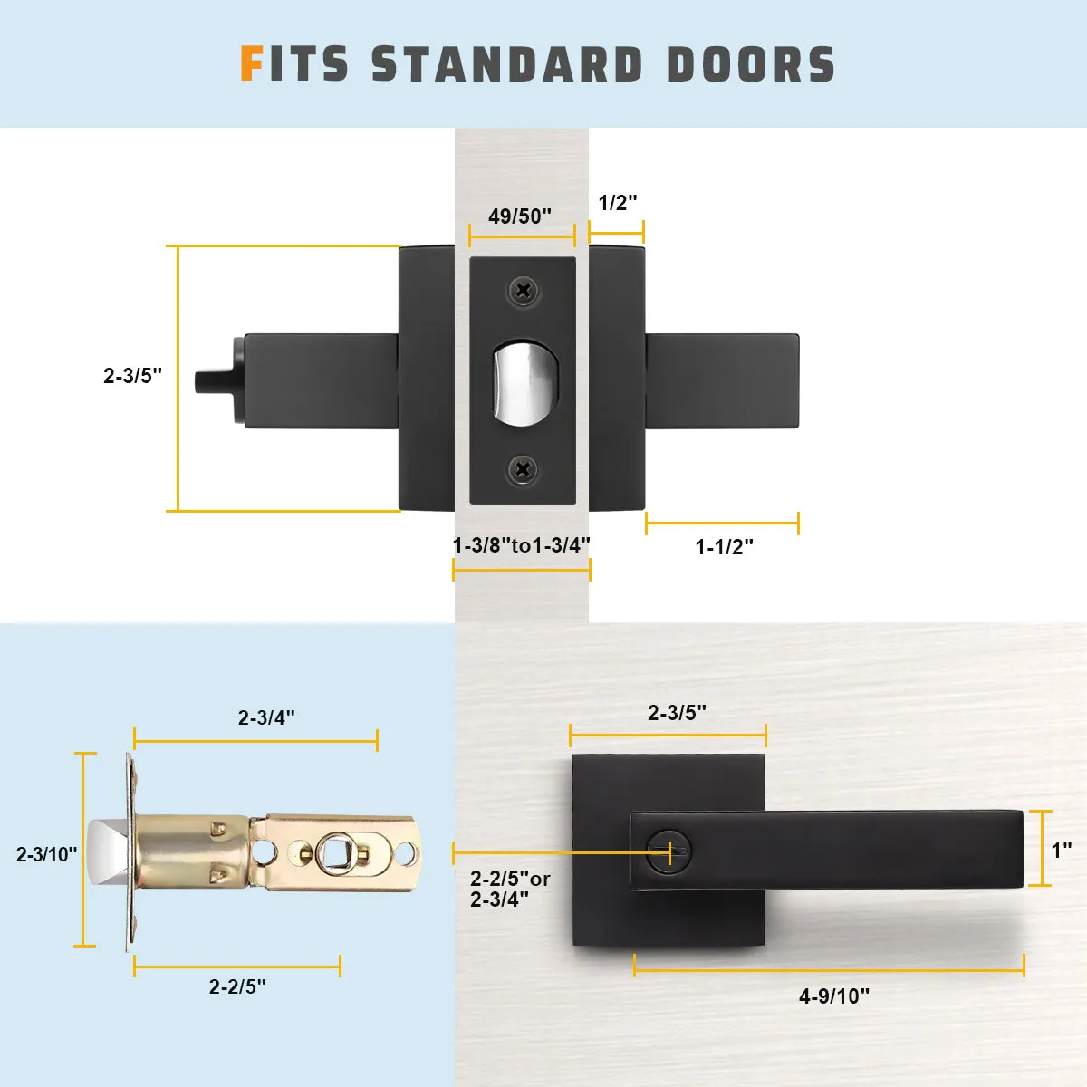 Craftsman Style Push Button Privacy Door Levers Modern Square Door Handle Knobs- DL01BK