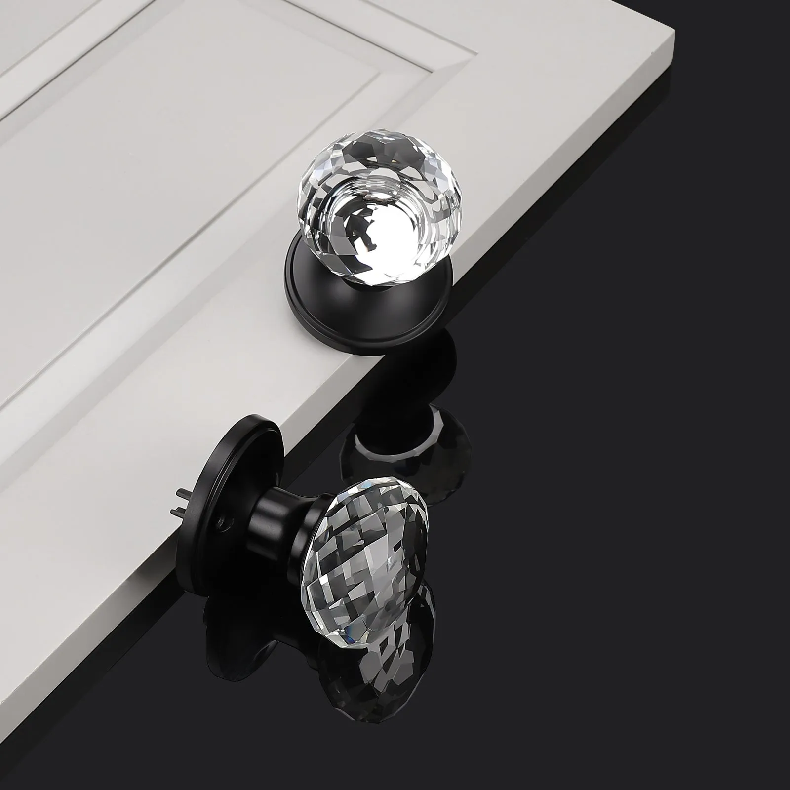 Diamond Crystal Glass Door Knobs with Black Round Rosette, Privacy/Passage/Dummy Door Lock DLC10BK