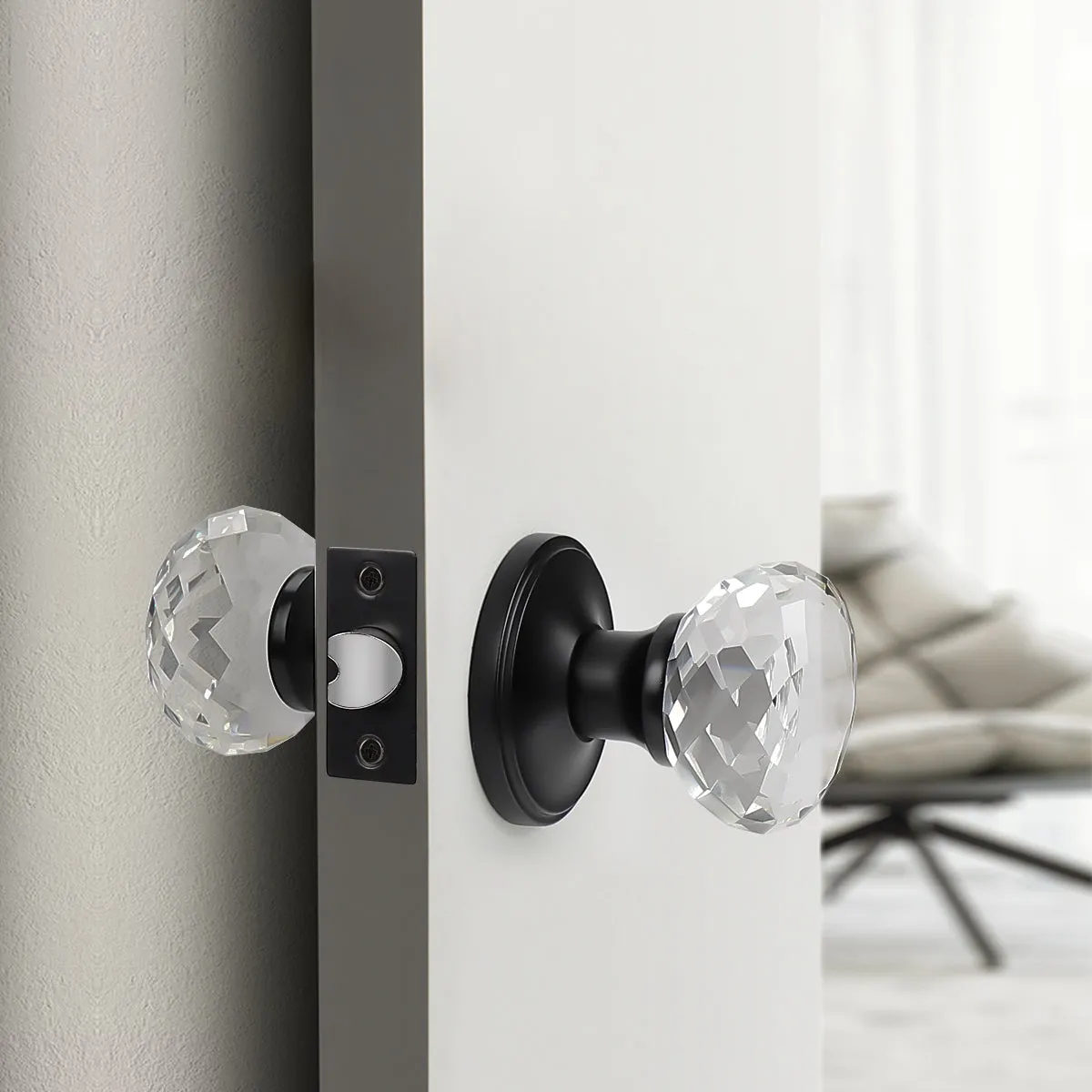 Diamond Crystal Glass Door Knobs with Black Round Rosette, Privacy/Passage/Dummy Door Lock DLC10BK