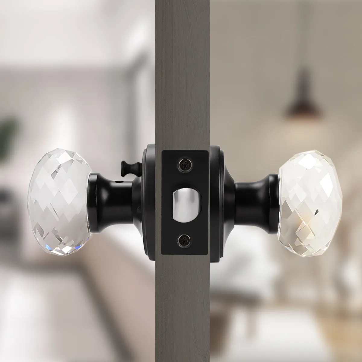 Diamond Crystal Glass Door Knobs with Black Round Rosette, Privacy/Passage/Dummy Door Lock DLC10BK