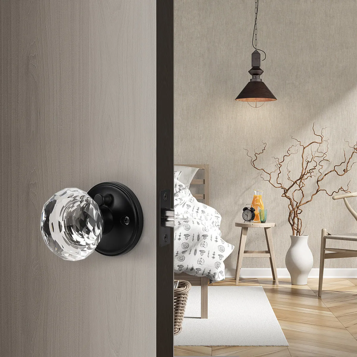 Diamond Crystal Glass Door Knobs with Black Round Rosette, Privacy/Passage/Dummy Door Lock DLC10BK