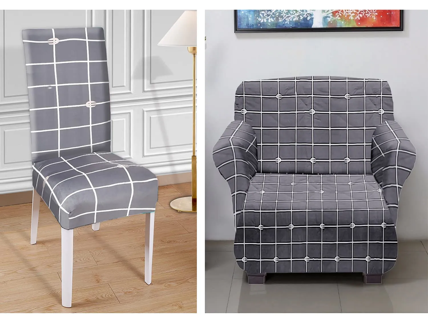 Heart Home Check Printed Polyster Stretchable 1 Seater Sofa & Chair Cover Set for Home, Office, Hotels, Set of 2 (Grey)-50HH01446
