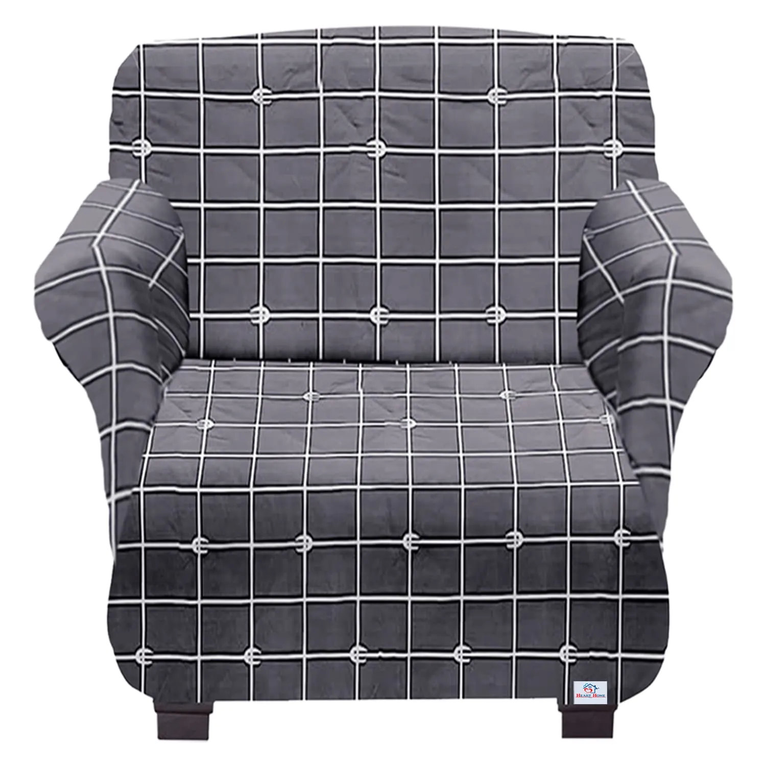 Heart Home Check Printed Polyster Stretchable 1 Seater Sofa & Chair Cover Set for Home, Office, Hotels, Set of 2 (Grey)-50HH01446