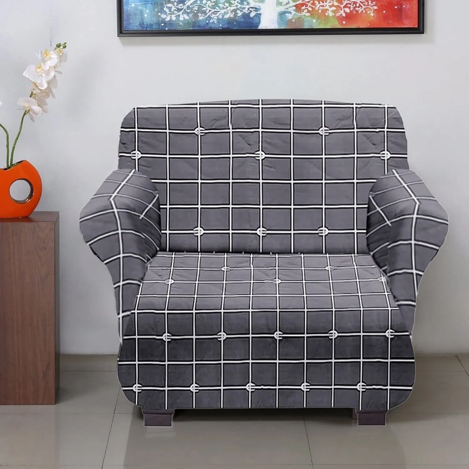 Heart Home Check Printed Polyster Stretchable 1 Seater Sofa & Chair Cover Set for Home, Office, Hotels, Set of 2 (Grey)-50HH01446