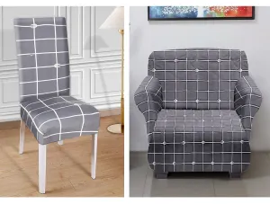 Heart Home Check Printed Polyster Stretchable 1 Seater Sofa & Chair Cover Set for Home, Office, Hotels, Set of 2 (Grey)-50HH01446