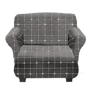 Heart Home Check Printed Polyster Stretchable Single Seater Sofa Cover for Home, Office, Hotels with Foam Stick (Grey)-50HH01394