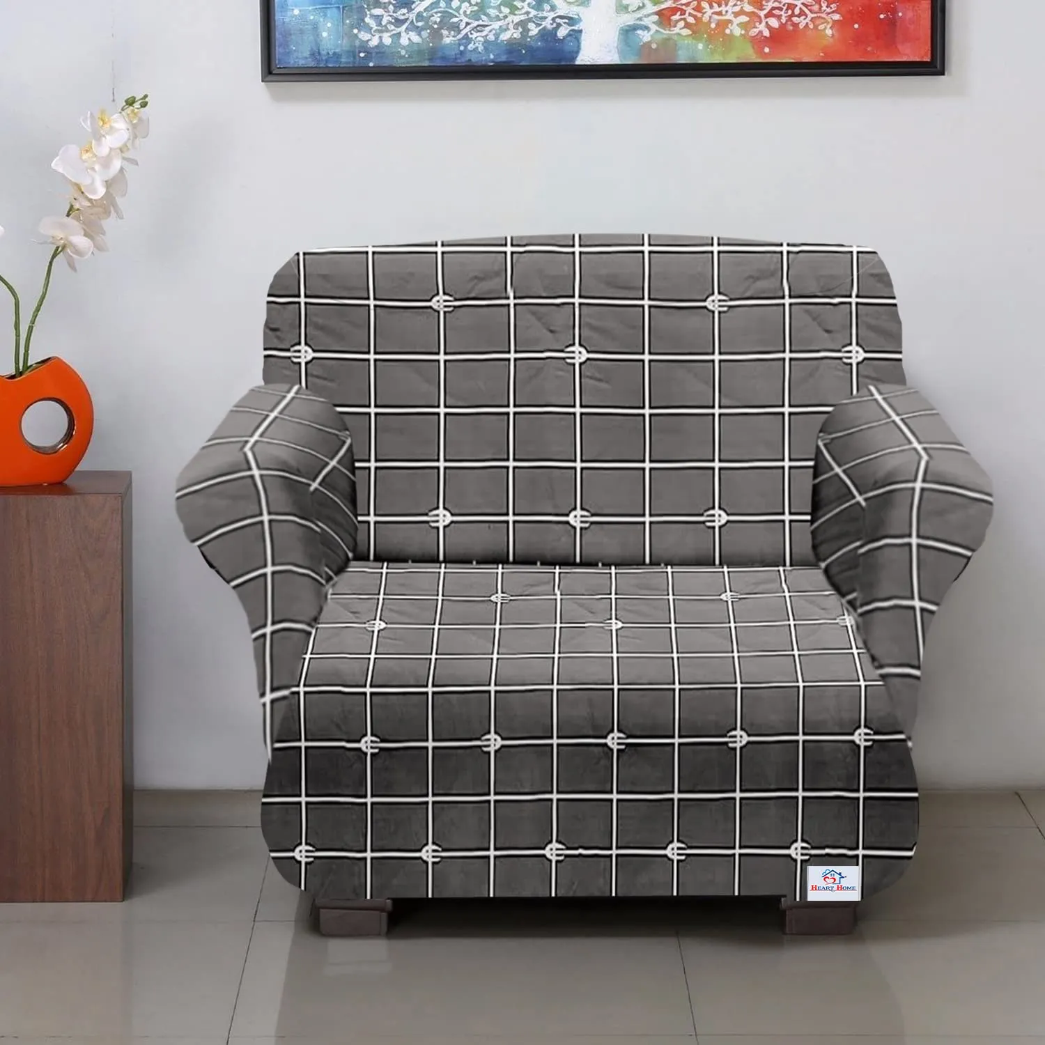 Heart Home Check Printed Polyster Stretchable Single Seater Sofa Cover for Home, Office, Hotels with Foam Stick (Grey)-50HH01394