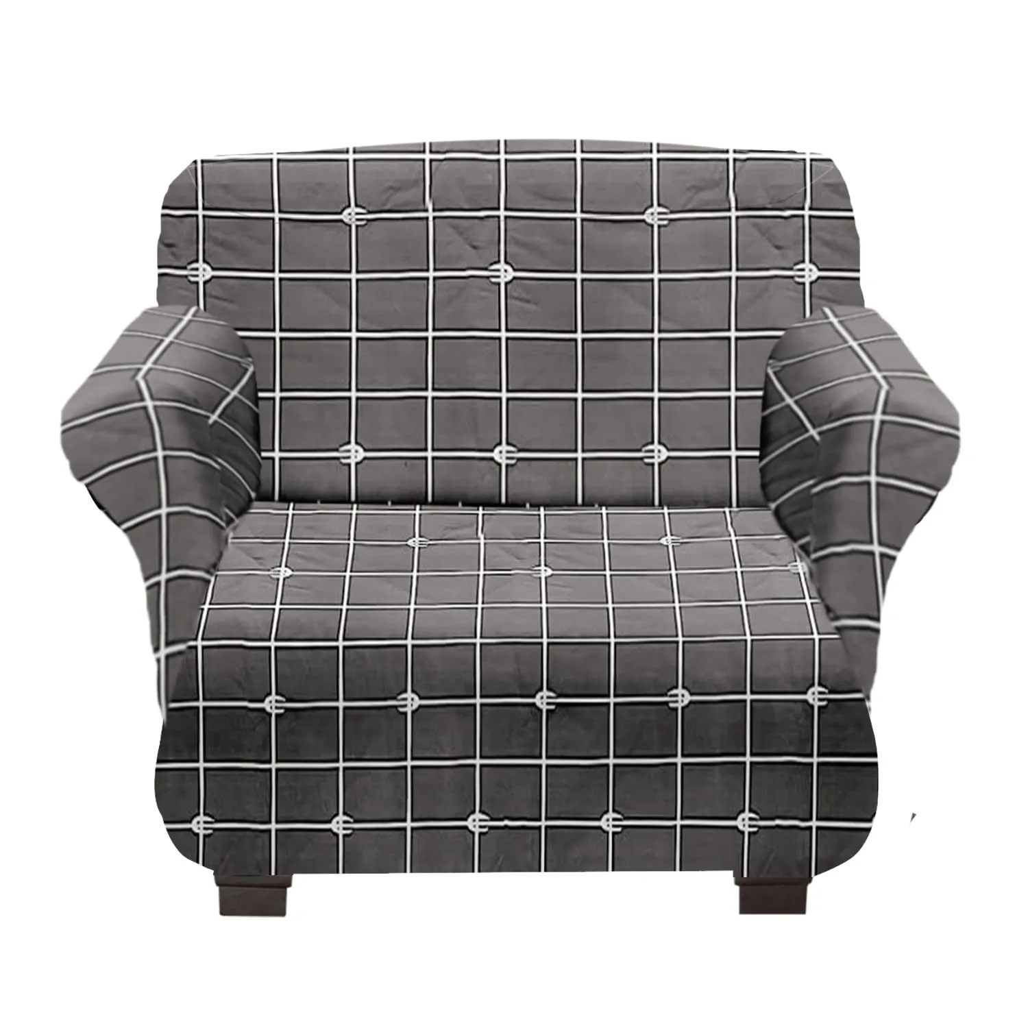 Heart Home Check Printed Polyster Stretchable Single Seater Sofa Cover for Home, Office, Hotels with Foam Stick (Grey)-50HH01394