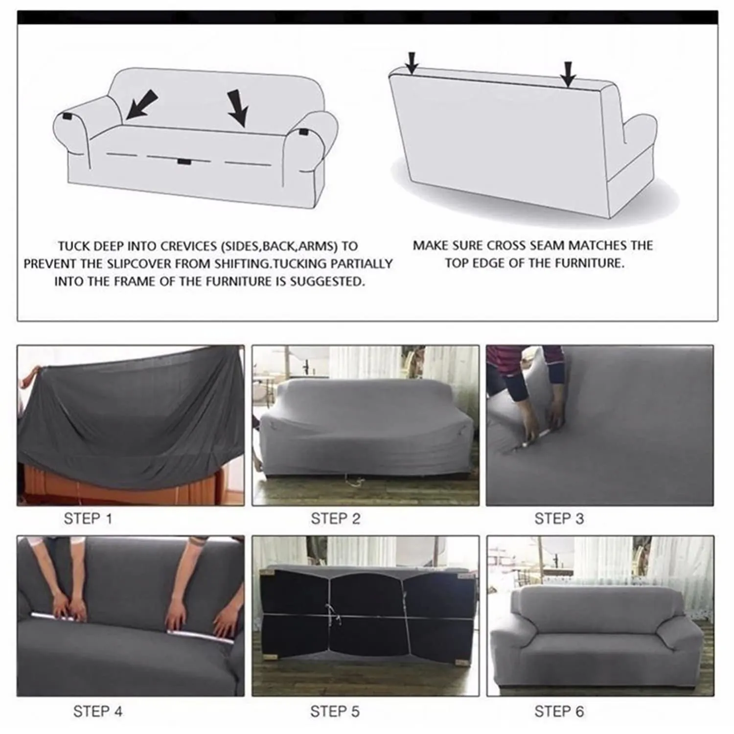 Heart Home Check Printed Polyster Stretchable Single Seater Sofa Cover for Home, Office, Hotels with Foam Stick (Grey)-50HH01394
