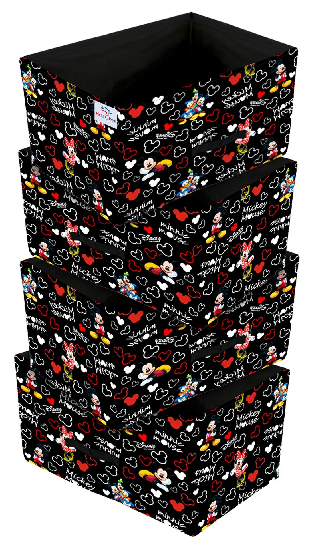 Heart Home Disney Mickey Print Non Woven Fabric Modular Closet Organizer Box with Handle Set Of 4(Black)-HHEART16031
