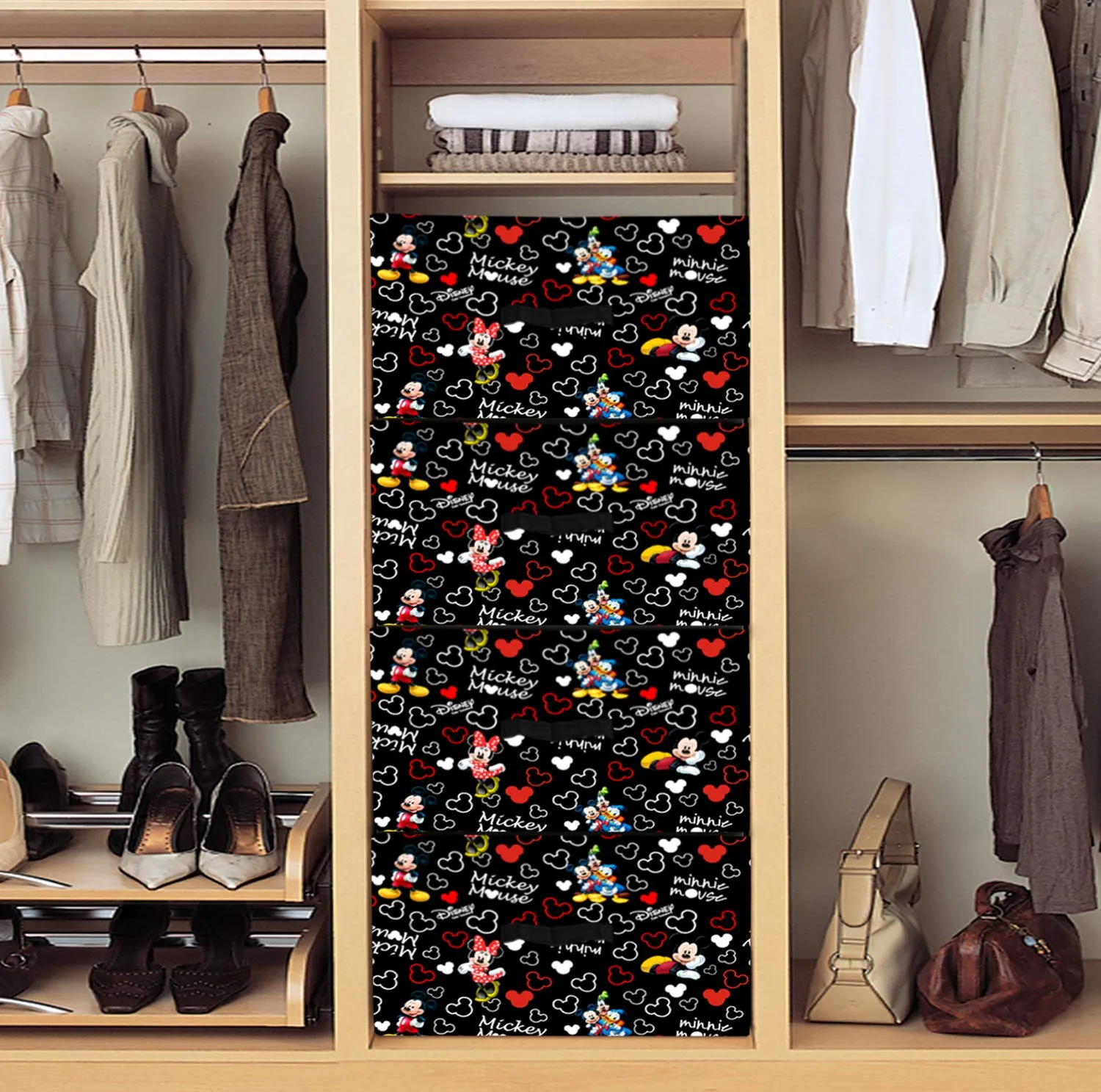 Heart Home Disney Mickey Print Non Woven Fabric Modular Closet Organizer Box with Handle Set Of 4(Black)-HHEART16031