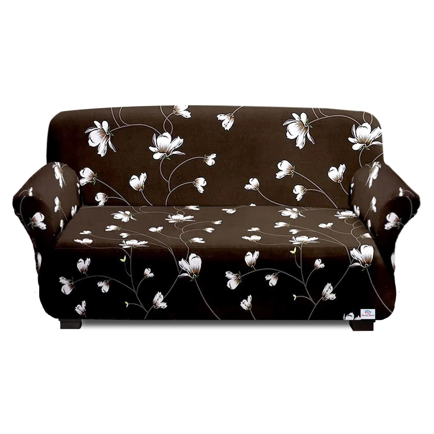 Heart Home Flower Printed Stretchable, Non-Slip Polyster 3 Seater Sofa Cover/Slipcover/Protector with Foam Stick (Brown)-50HH01415