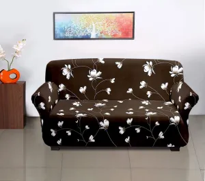 Heart Home Flower Printed Stretchable, Non-Slip Polyster 3 Seater Sofa Cover/Slipcover/Protector with Foam Stick (Brown)-50HH01415