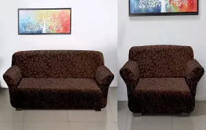 Heart Home Leaf Printed Stretchable, Non-Slip Polyster 1 & 3 Seater Sofa Cover/Slipcover/Protector Set with Foam Stick, Set of 2 (Brown)-50HH01439