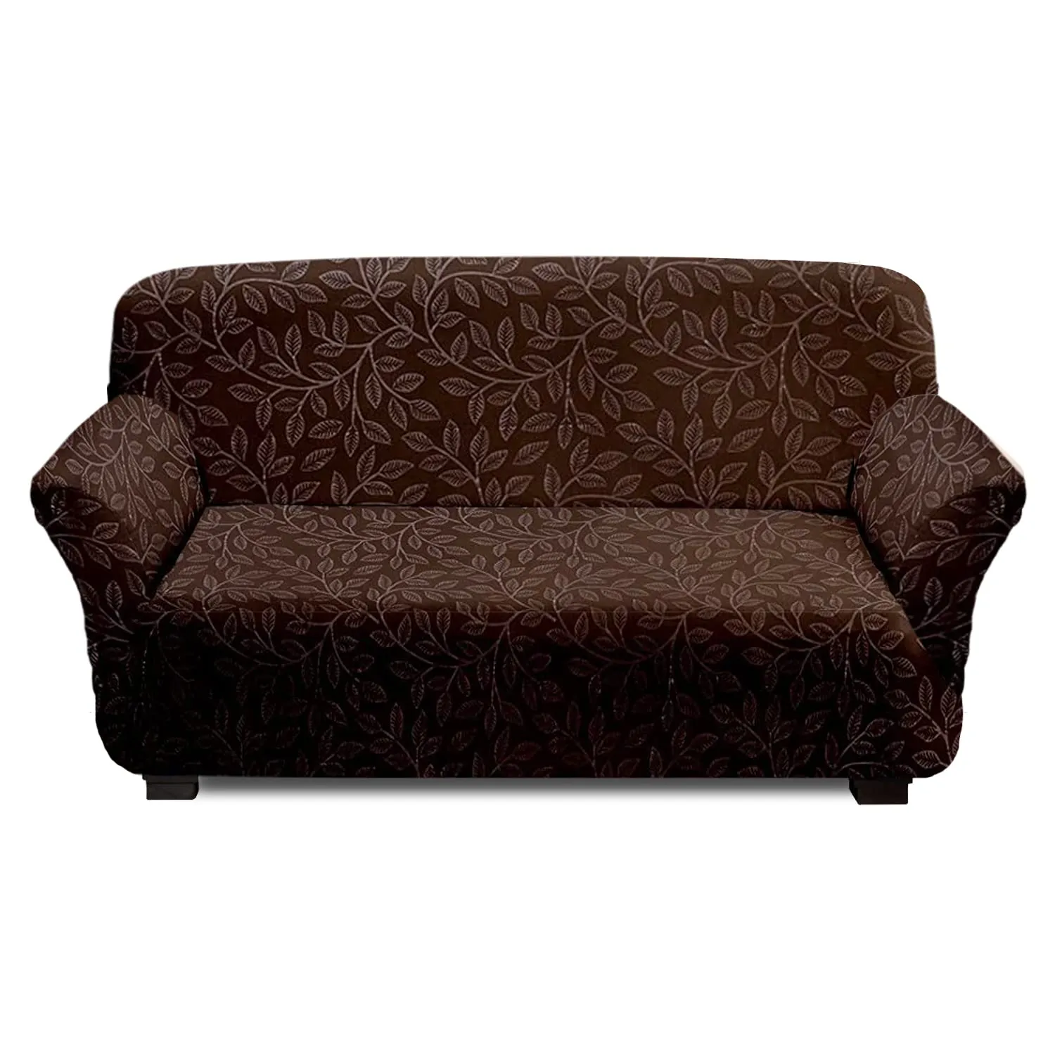 Heart Home Leaf Printed Stretchable, Non-Slip Polyster 1 & 3 Seater Sofa Cover/Slipcover/Protector Set with Foam Stick, Set of 2 (Brown)-50HH01439