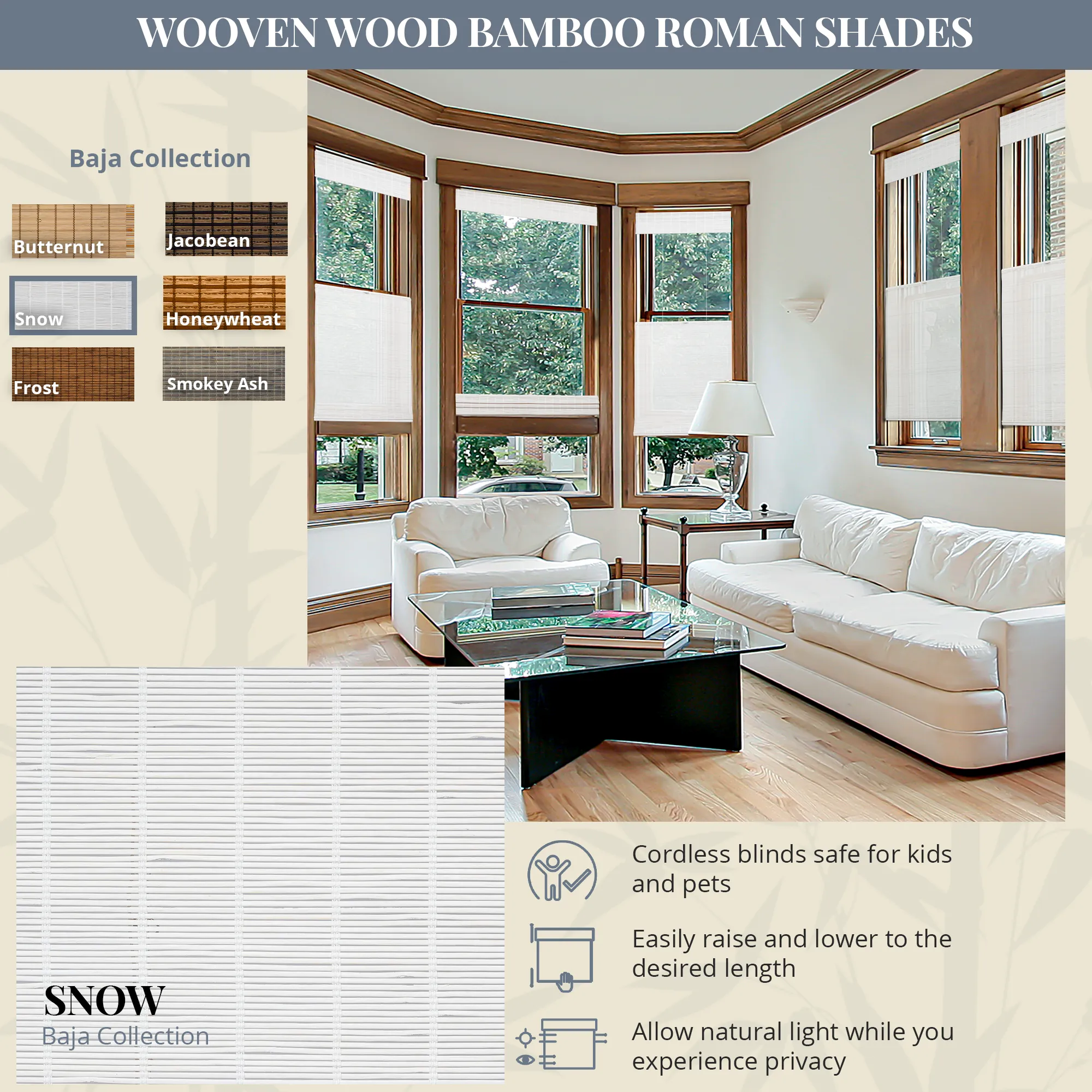 Light Filtering | Top Down Bottom Up Custom Natural Bamboo | Snow