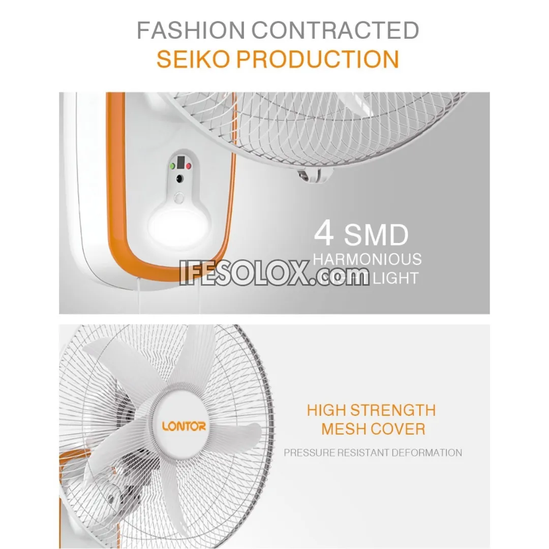 LONTOR 16" Rechargeable Wall Fan with 5-Blades, Remote and Harmonious Night Light (CTL-CF015R-16) - Brand New