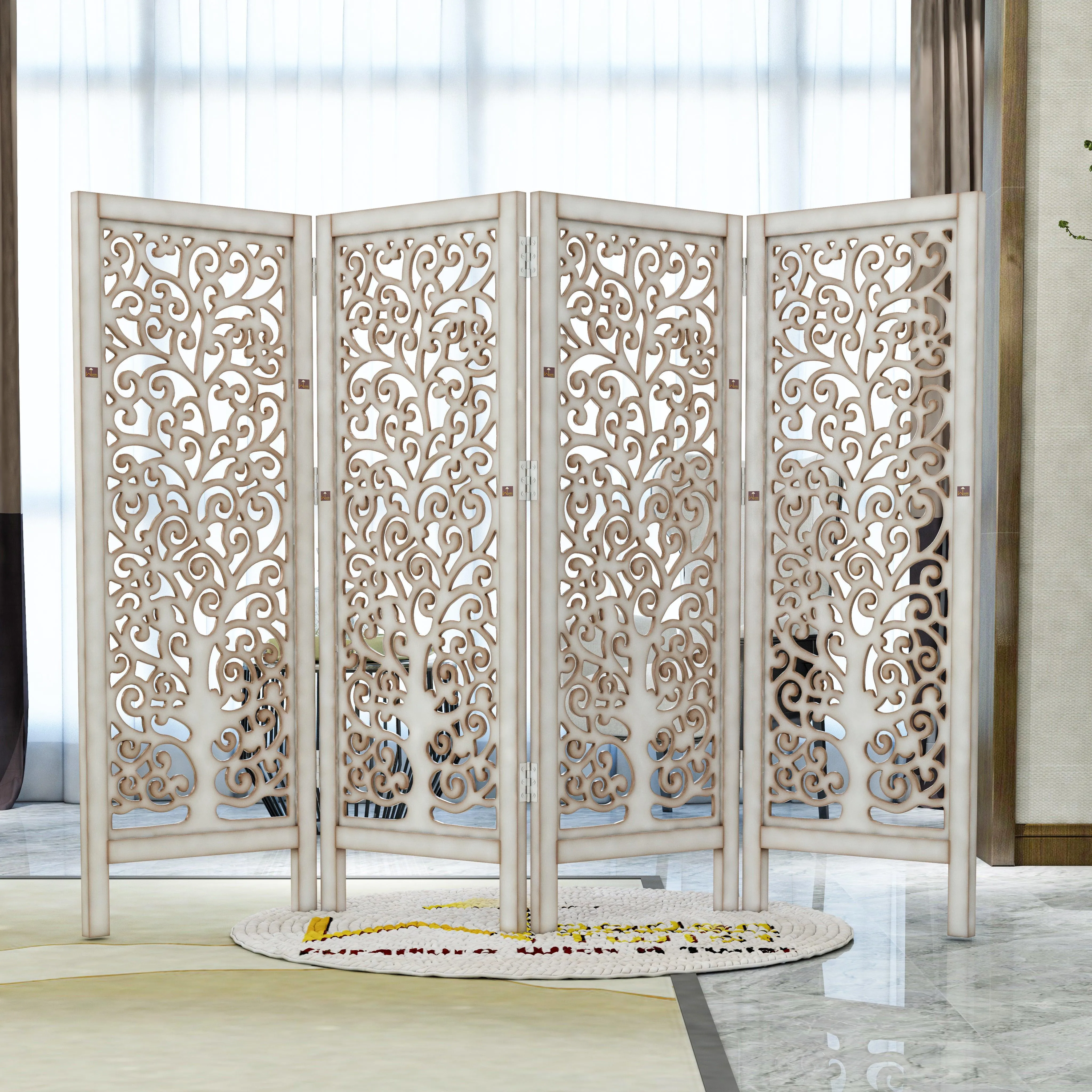Low Height Solid Wood Room Divider Separator Wooden Partition 4 Panel ( Antique White )