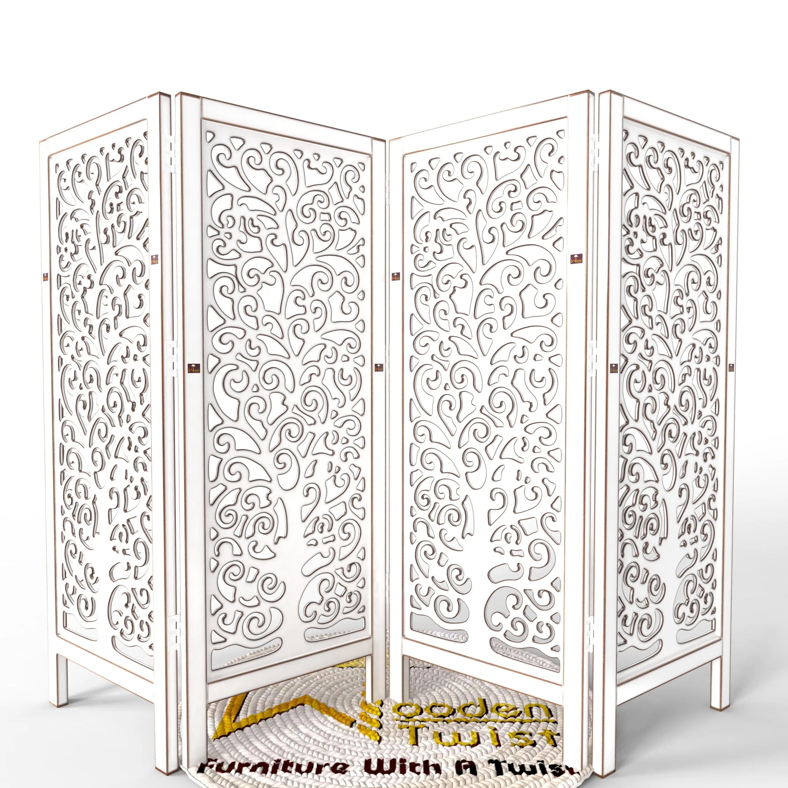 Low Height Solid Wood Room Divider Separator Wooden Partition 4 Panel ( Antique White )