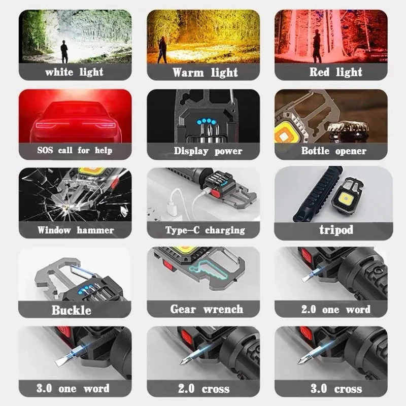 Mini LED Flashlight Work Light Rechargeable Keychain Lamp Outdoor Camping Torch Portable Pocket Wrench Screwdriver Safety Hamme