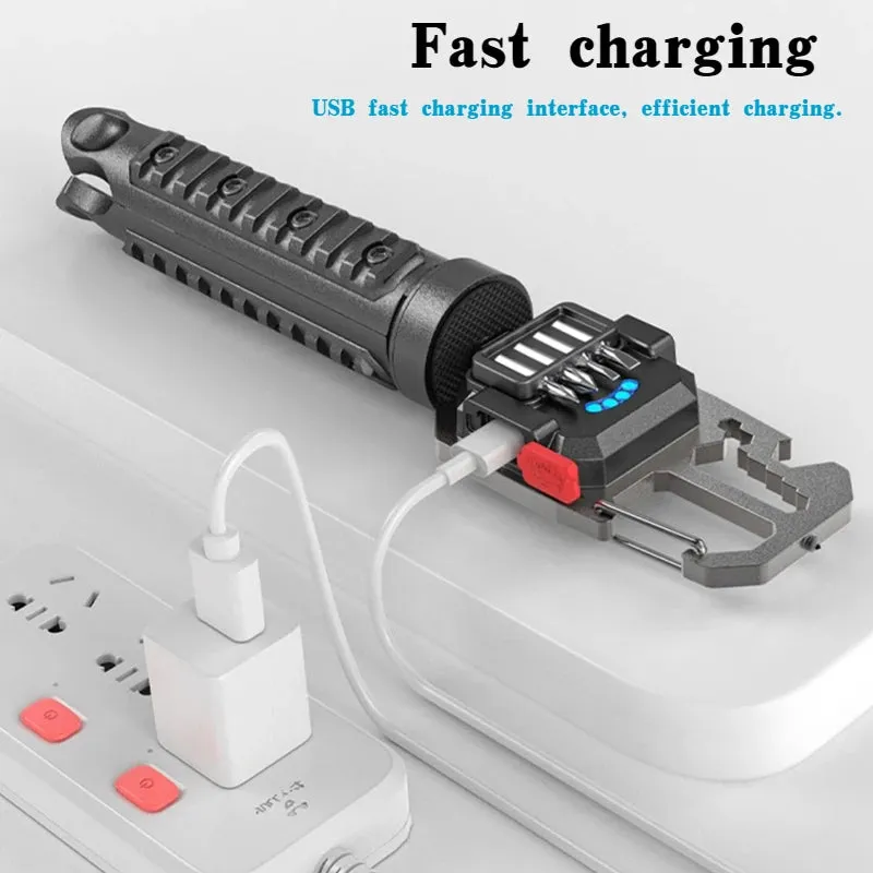 Mini LED Flashlight Work Light Rechargeable Keychain Lamp Outdoor Camping Torch Portable Pocket Wrench Screwdriver Safety Hamme