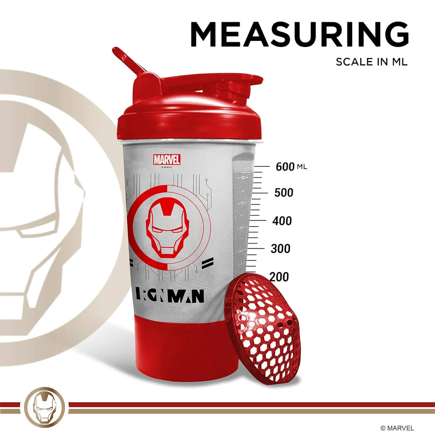 MSB-6S Iron Man Marvel Edition Shaker Bottle 600ml | 100% Leakproof Guarantee Sipper Bottle Ideal for Protein | Pre-Workout and BCAAS | BPA Free Material | Plastic (Clear)