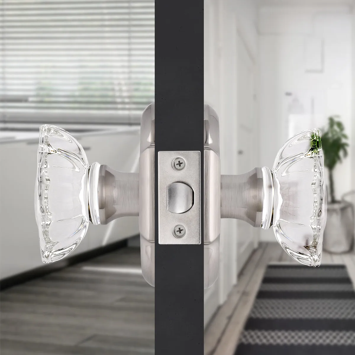 Oval Style Crystal Door Knob with Satin Nickel Arched Rosette, Passage/Privacy Knob DLC21DOSN