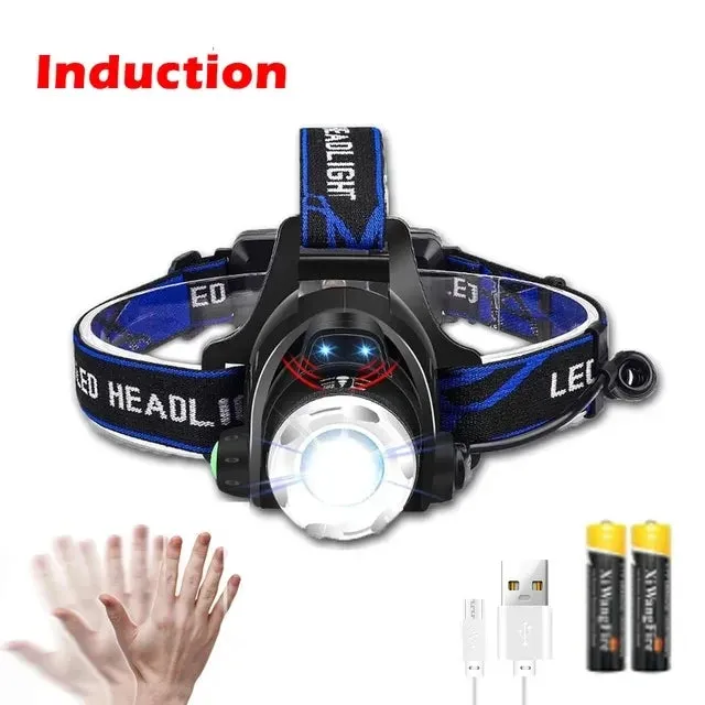 Powerful LED Induction Headlamp USB/DC Rechargeable Headlight Aluminium Alloy Outdoor Fishing Head Lamp High Lumen Head Torch